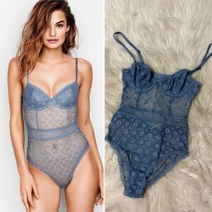 Victoria’s Secret Daisy Lace Bodysuit in Denim Blue XS